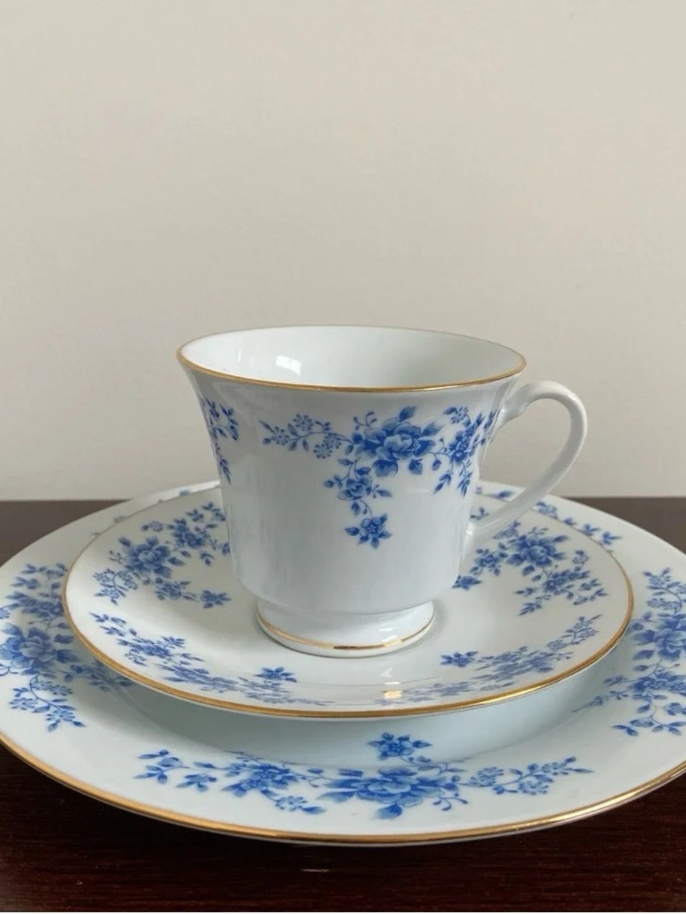 Blue Floral Porcelain Teacup Set with Gold Trim